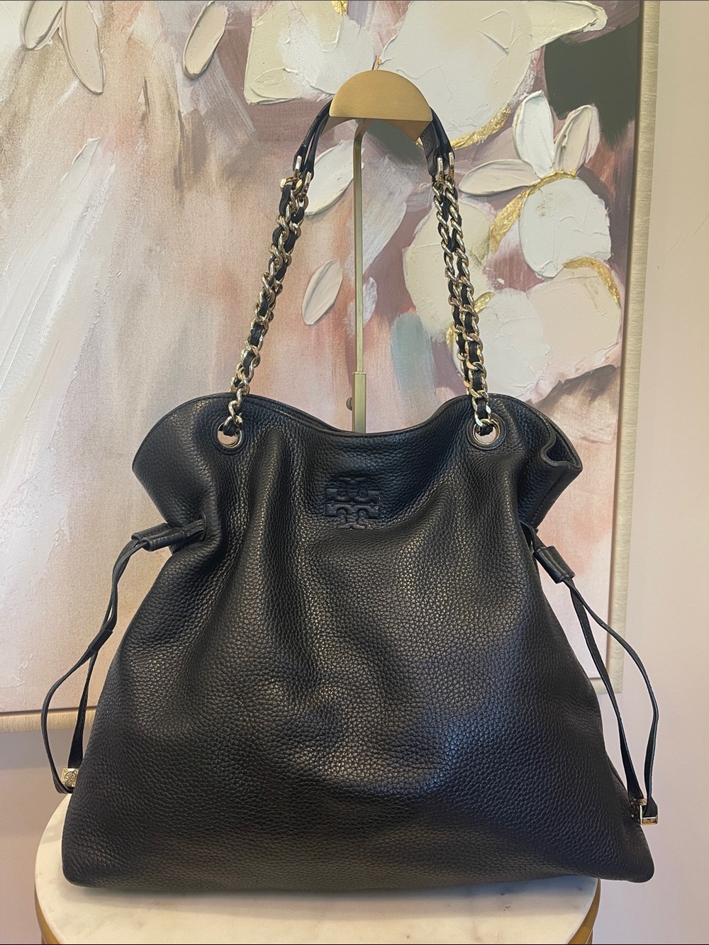 Tory Burch Thea Black Pebbled Leather Drawstring Shoulder Bag